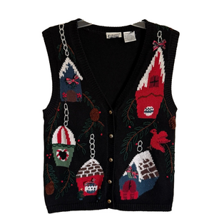 Vintage Capacity Black Knit Button Up Sweater Vest Festive Holiday Birdhouse S